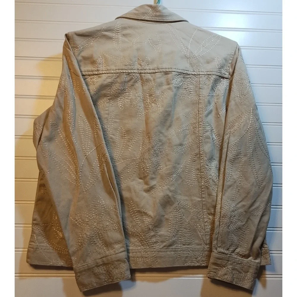 Studio Works Tan Cotton Embroidered Leaf Trucker‎ Jacket Beige Womens 8 Cottage